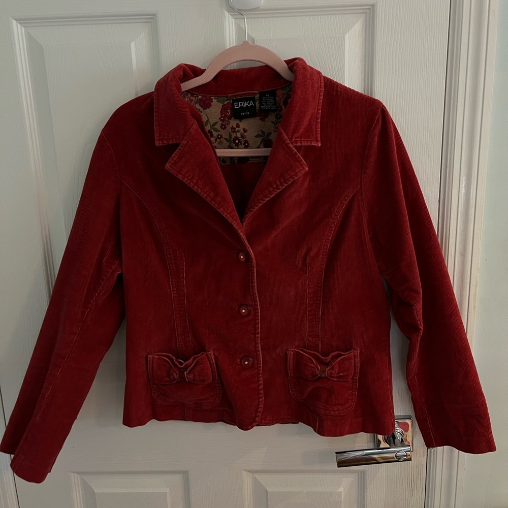 Beautiful and retro red corduroy jacket. Gorgeous details and size petite large.